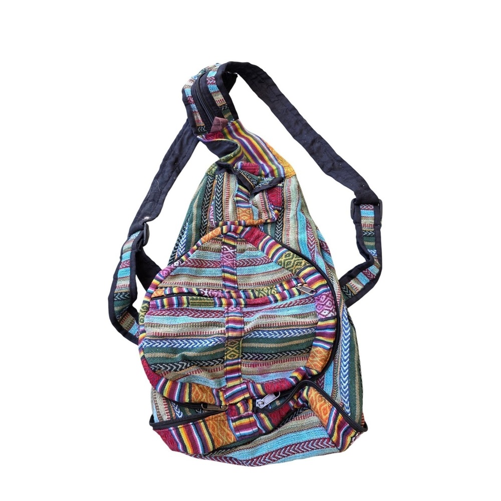 Boho Woven Multi Color Striped Sling Backpack Convertible Shoulder Bag Hippie K3